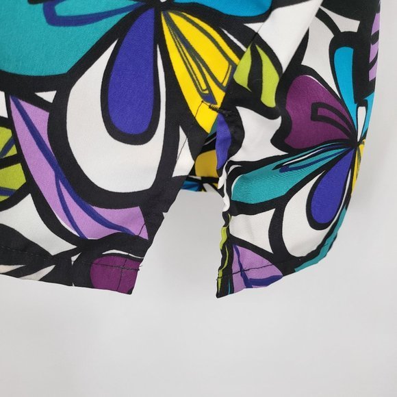 Vintage Scrub Top XL Bright Purple Floral Print Polyester‎ Pockets Silky V Neck - Picture 3 of 4